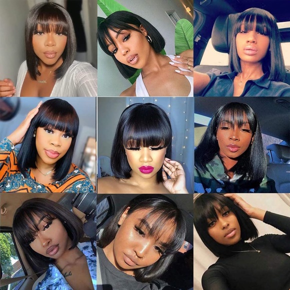 HUMAN HAIR Brazilian 10” Short Black Straight Bob Wig w/Bangs 2X1 HD Lace Scalp - Picture 9 of 11